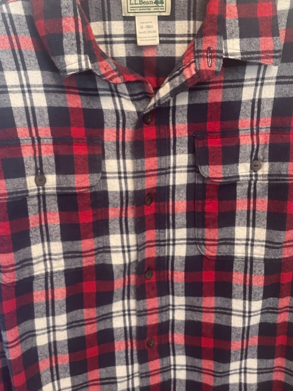 LL Bean Men’s Plaid Flannel Shirt Red White Blue Traditional Fit Size Medium